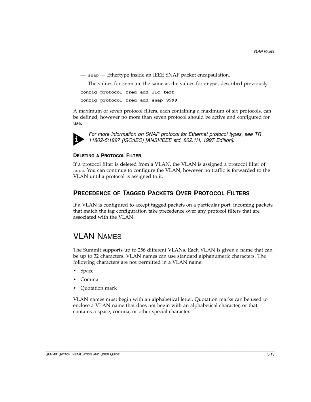 Extreme Networks Summit1 manual Vlan Names, Precedence of Tagged Packets Over Protocol Filters 