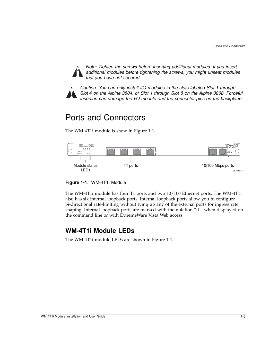 Extreme Networks manual Ports and Connectors, WM-4T1i Module LEDs 