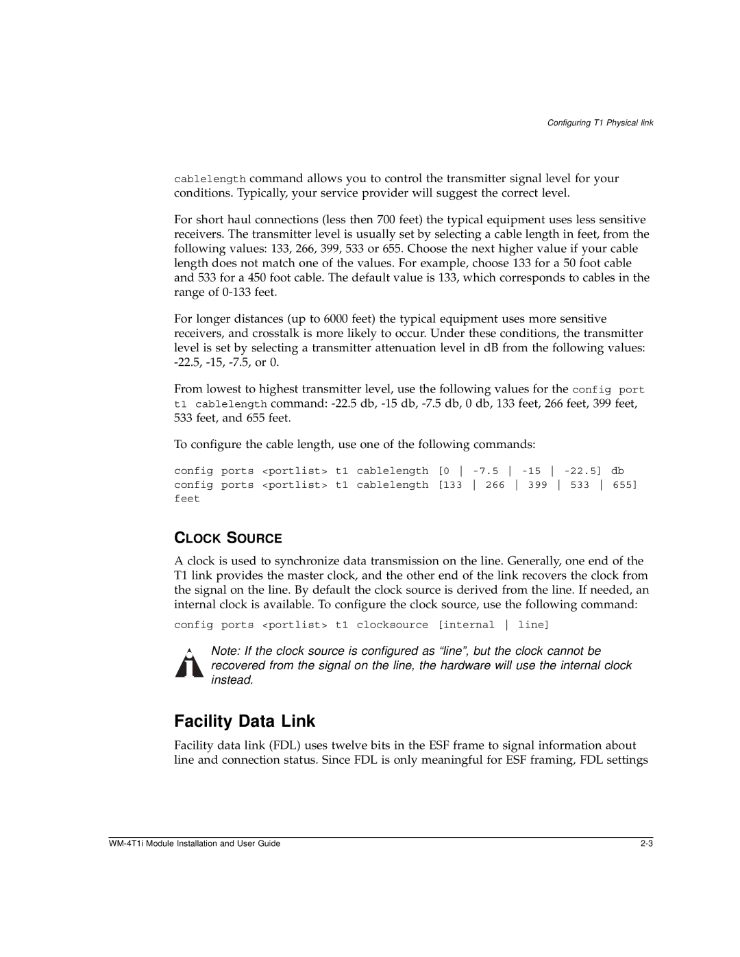 Extreme Networks WM-4T1i manual Facility Data Link, Clock Source 