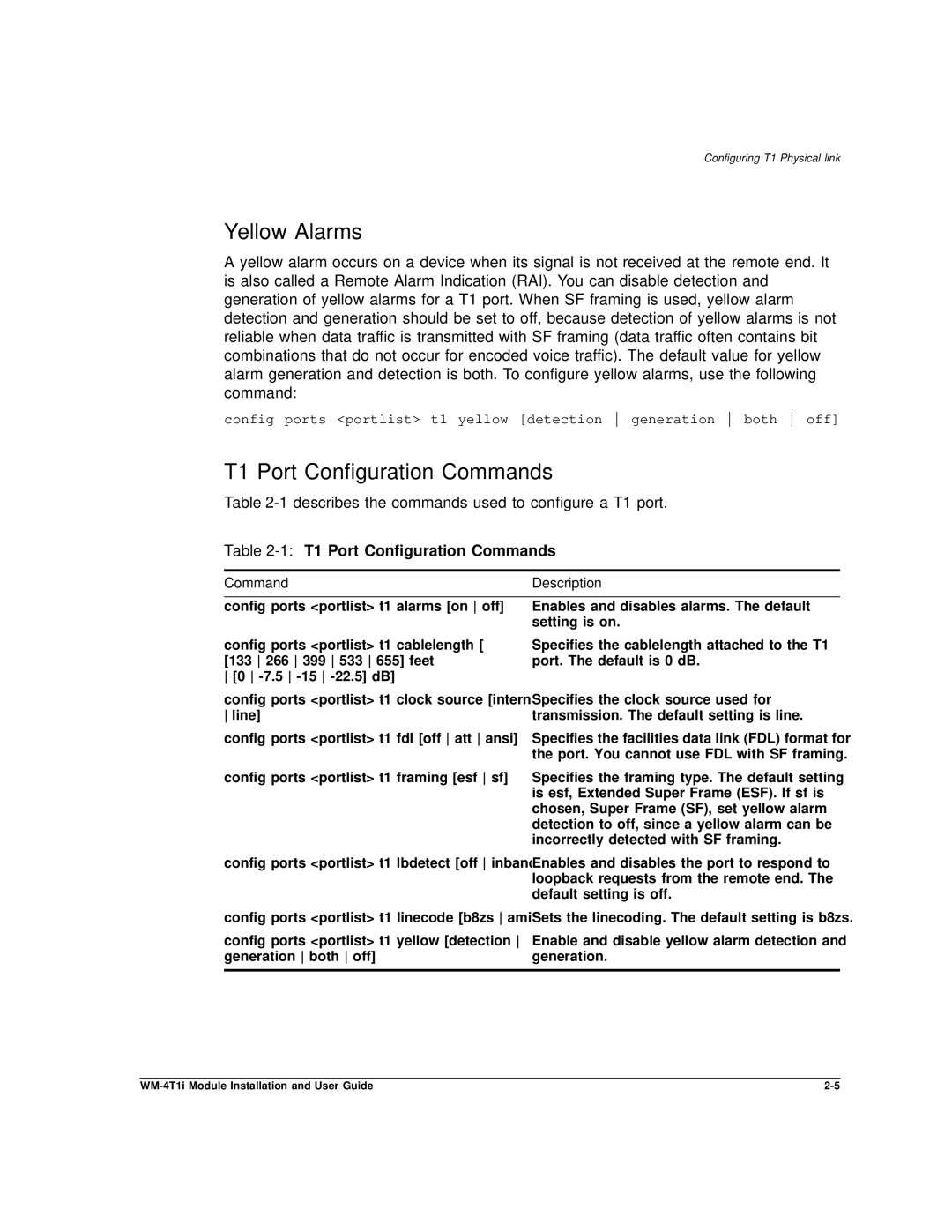 Extreme Networks WM-4T1i manual Yellow Alarms, 1T1 Port Configuration Commands 