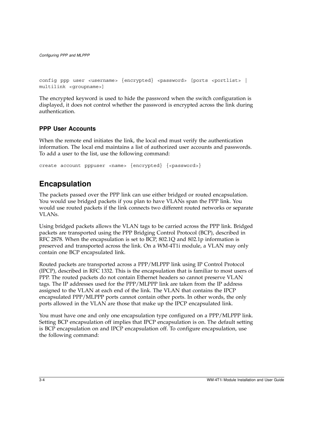 Extreme Networks WM-4T1i manual Encapsulation, PPP User Accounts 