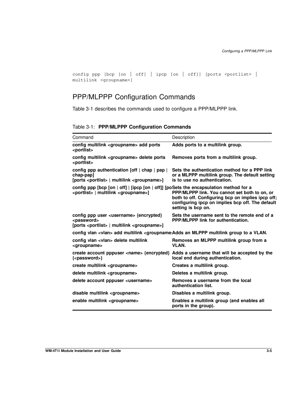 Extreme Networks WM-4T1i manual 1PPP/MLPPP Configuration Commands 