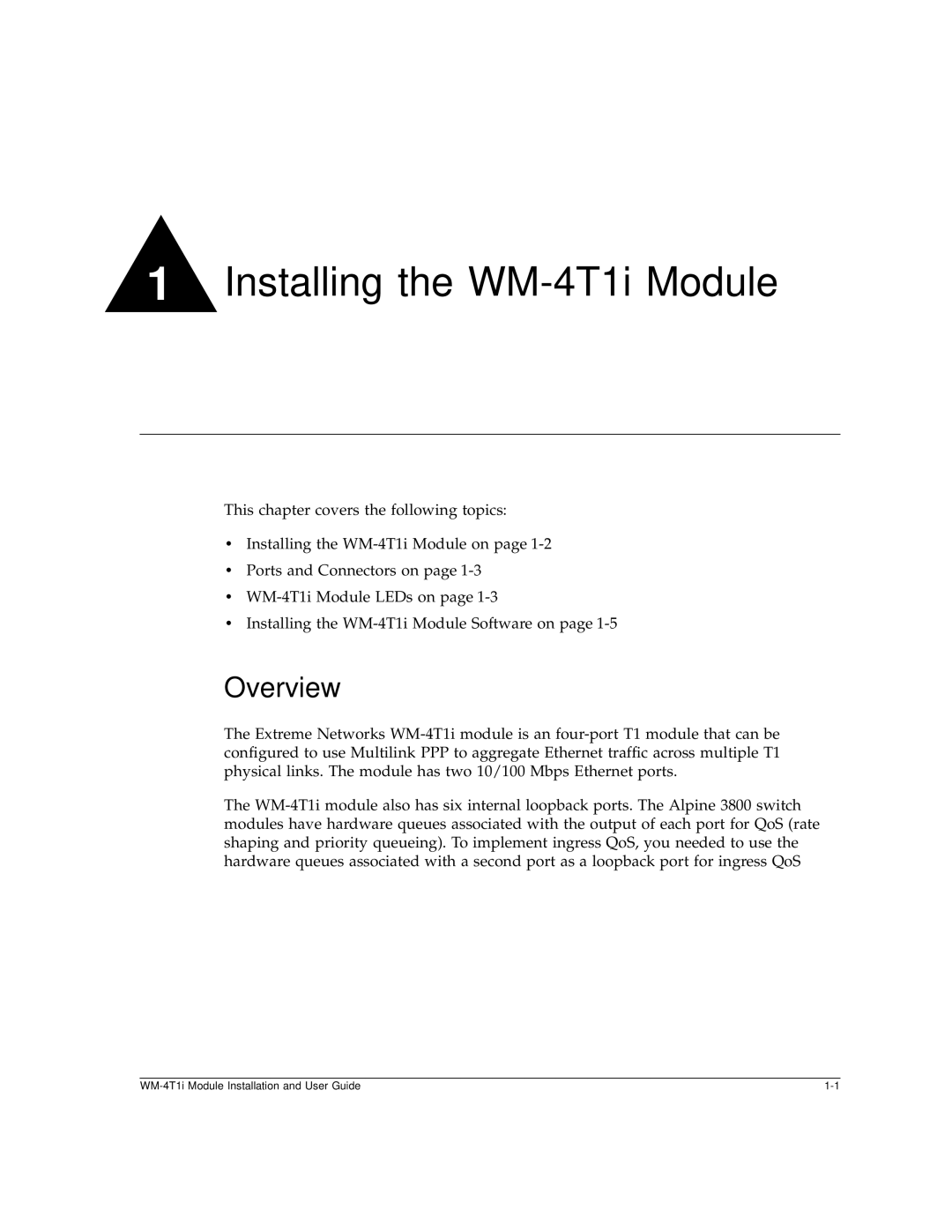 Extreme Networks manual Installing the WM-4T1i Module, Overview 