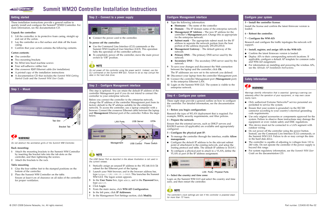 Extreme Networks WM20 installation instructions Getting started, Connect to a power supply, Configure Management interface 