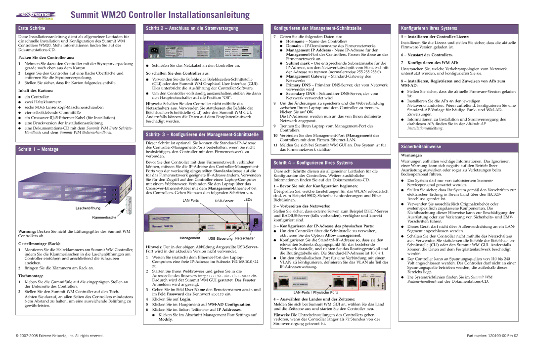 Extreme Networks WM20 Erste Schritte, Schritt 1 Montage, Schritt 2 Anschluss an die Stromversorgung, Sicherheitshinweise 