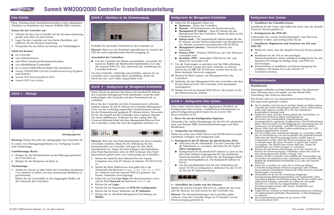 Extreme Networks WM2000 Erste Schritte, Schritt 1 Montage, Schritt 2 Anschluss an die Stromversorgung, Sicherheitshinweise 