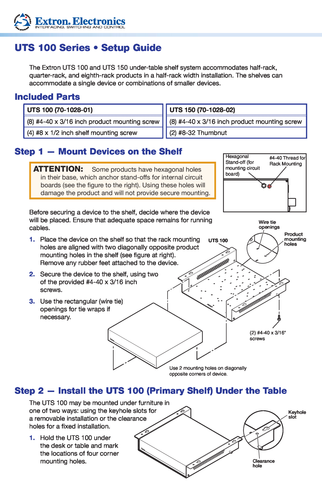 Extron electronic 150 setup guide Included Parts, Mount Devices on the Shelf, UTS 100 Series Setup Guide, Uts 