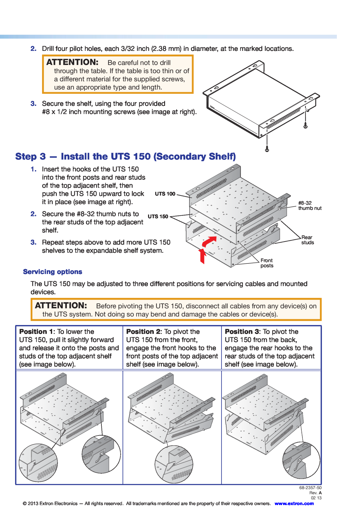 Extron electronic 100 setup guide Install the UTS 150 Secondary Shelf, Servicing options 