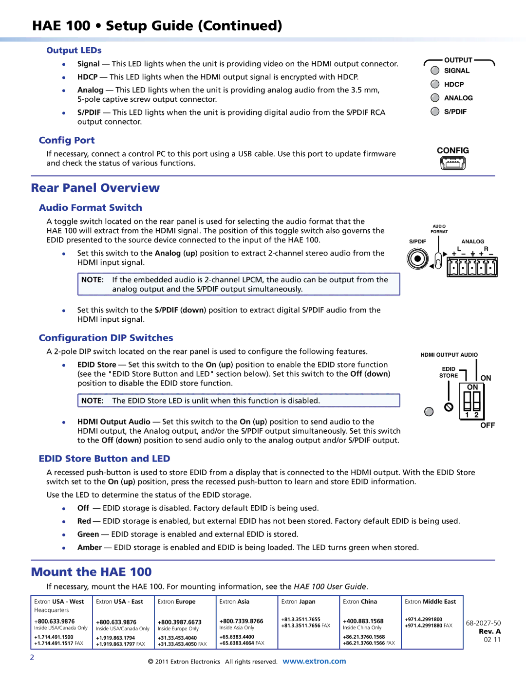 Extron electronic 100 setup guide Rear Panel Overview, Mount the HAE 