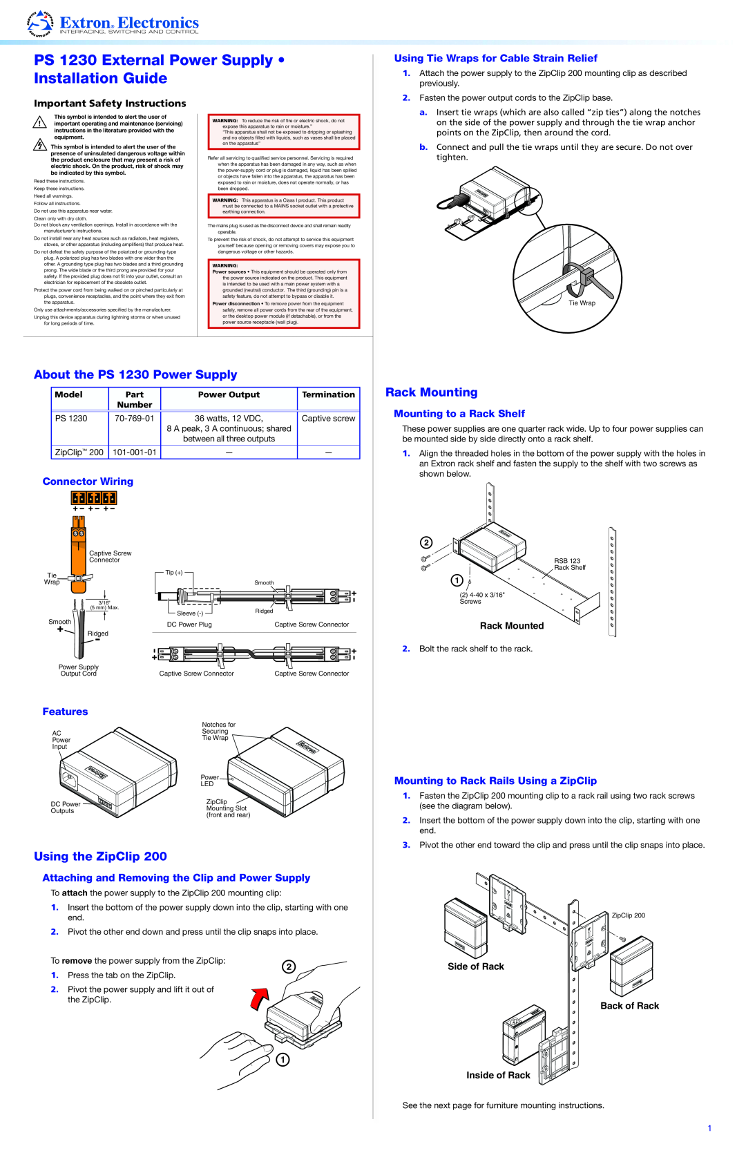 Extron electronic important safety instructions PS 1230 External Power Supply Installation Guide, Rack Mounting, Model 