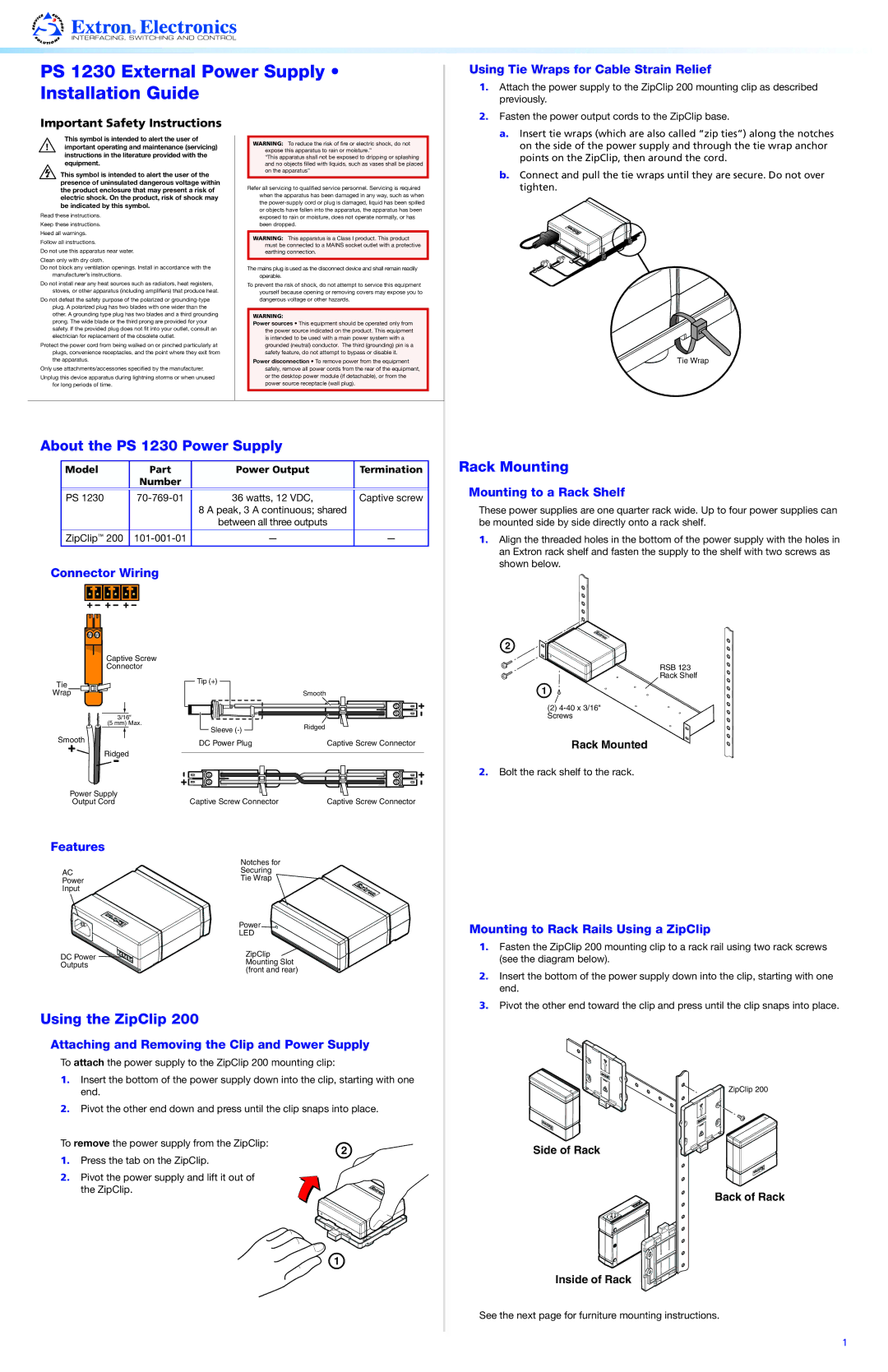 Extron electronic important safety instructions About the PS 1230 Power Supply, Rack Mounting, Using the ZipClip 