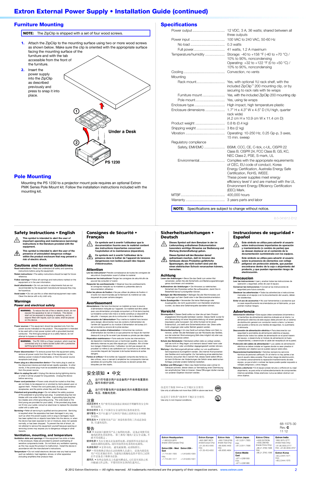 Extron electronic 101-001-01, PS 1230 important safety instructions Furniture Mounting, Pole Mounting, Specifications 