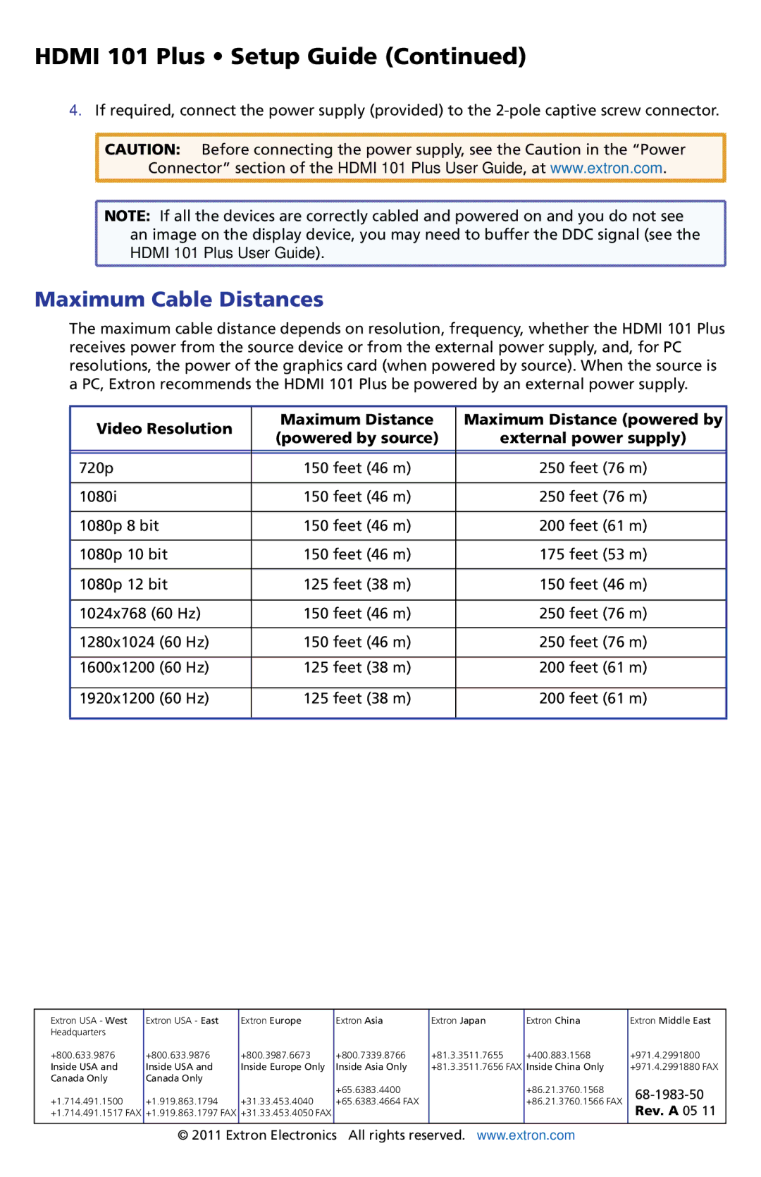 Extron electronic 101 PLUS setup guide Maximum Cable Distances, External power supply 