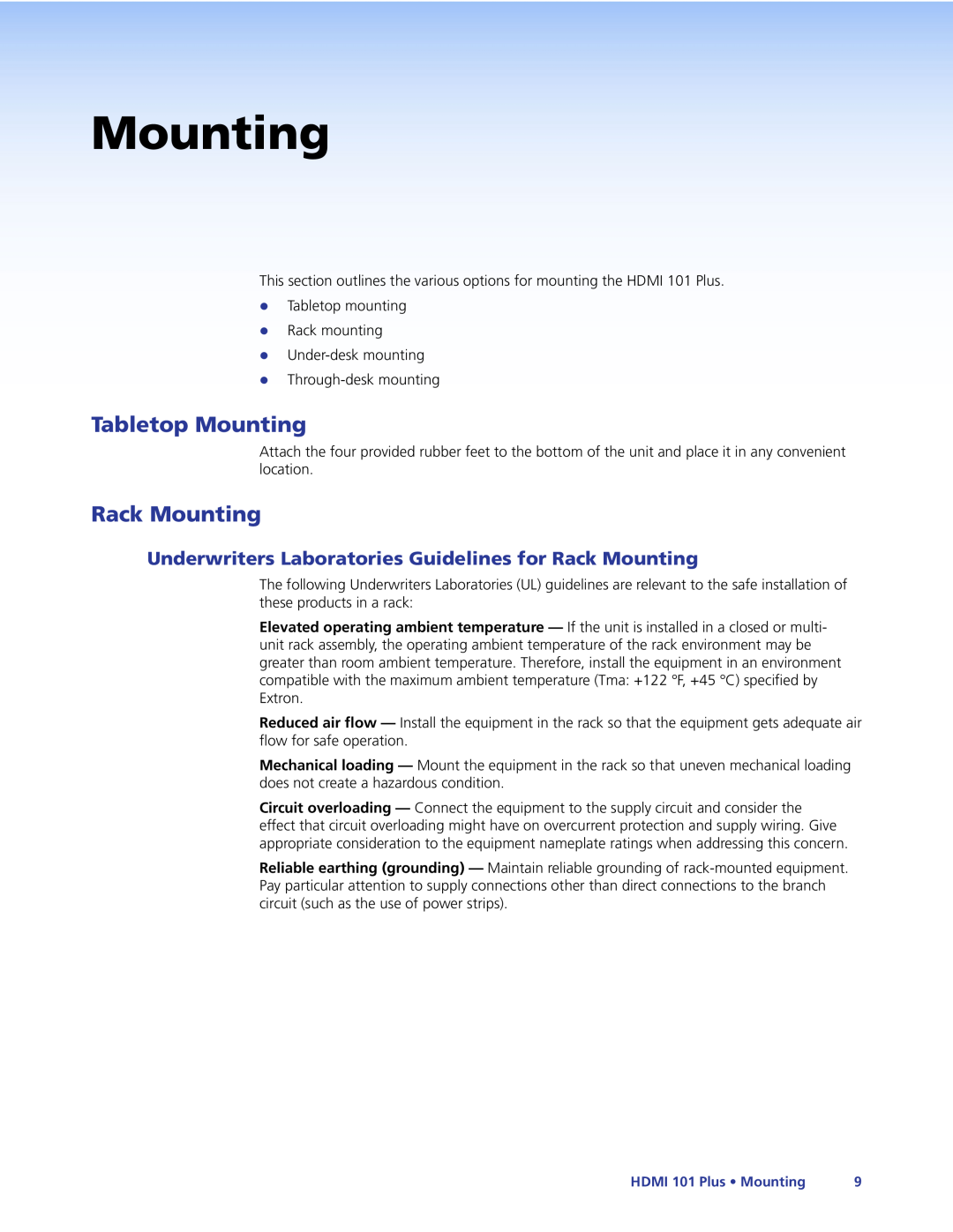 Extron electronic 101 PLUS manual Tabletop Mounting, Rack Mounting 