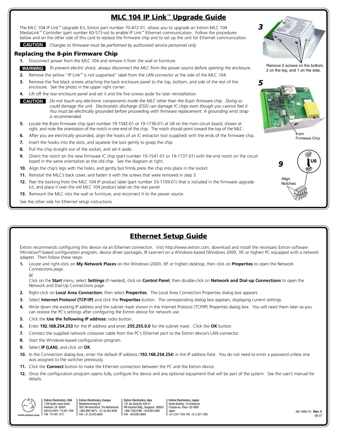 Extron electronic setup guide MLC 104 IP Link Upgrade Guide, Ethernet Setup Guide, Replacing the 8-pin Firmware Chip 