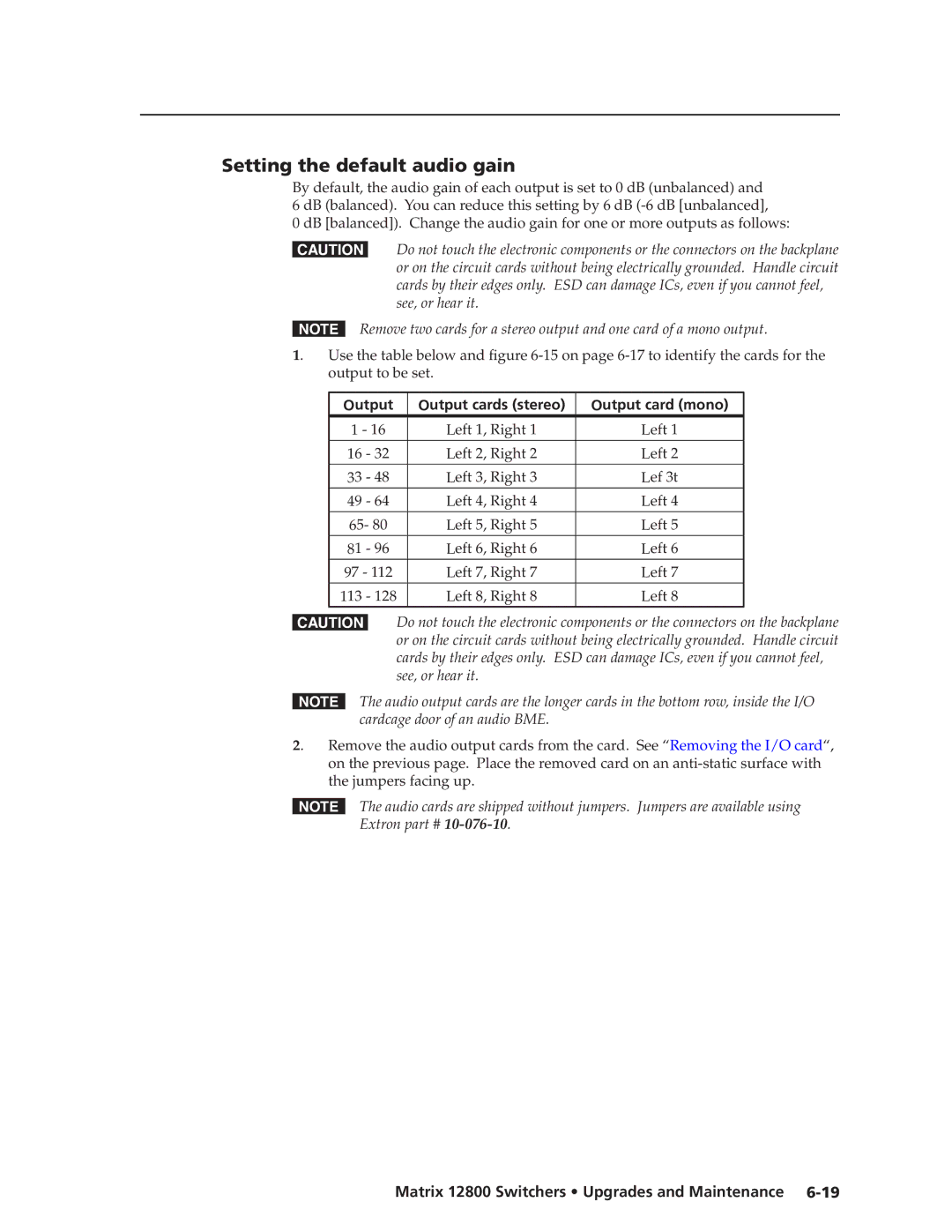 Extron electronic 12800 manual Setting the default audio gain, Output Output cards stereo Output card mono 