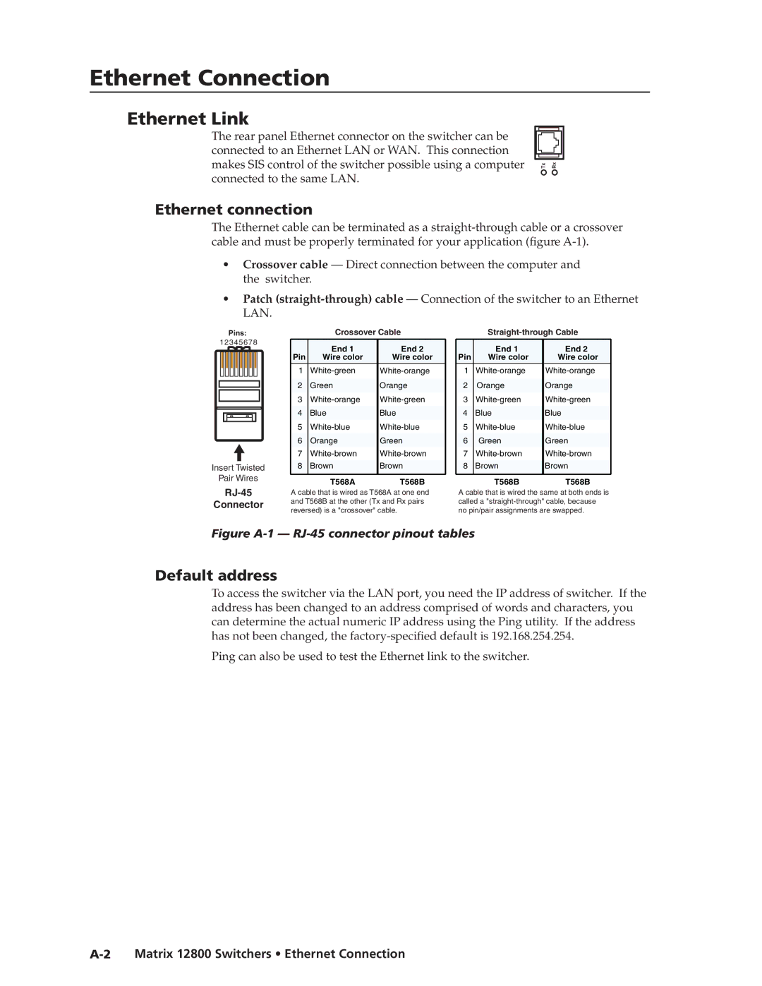 Extron electronic manual Ethernet Link, Default addresss, Matrix 12800 Switchers Ethernet Connection 