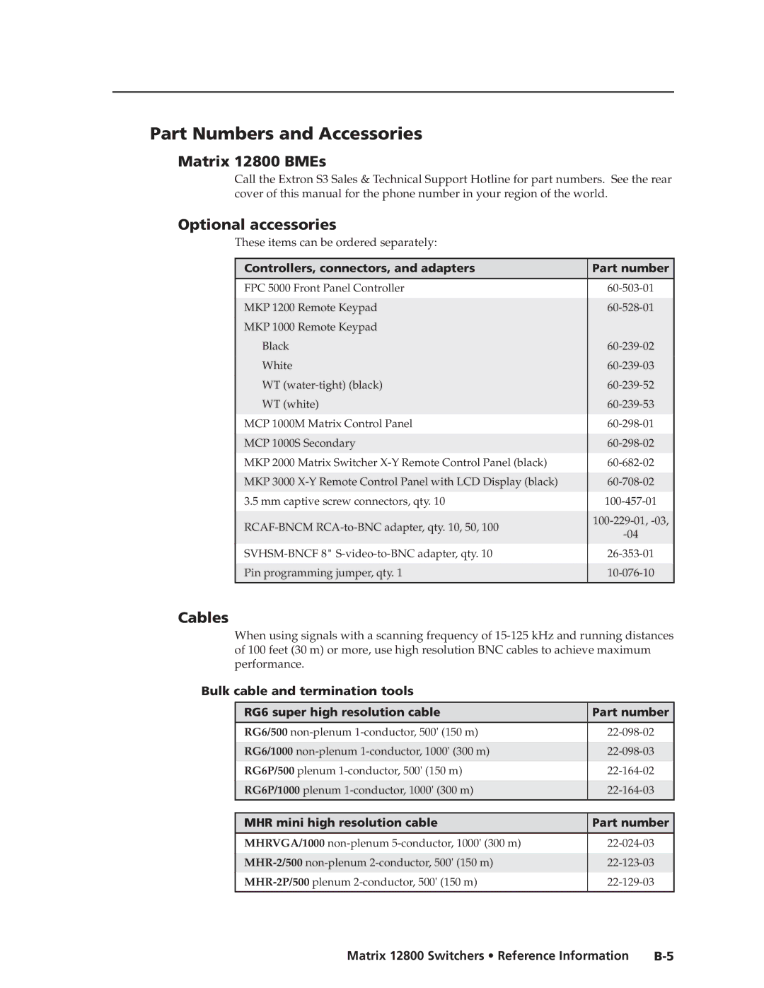 Extron electronic manual Part Numbers and Accesssories, Matrix 12800 BMEs, Optional accessories, Cables 