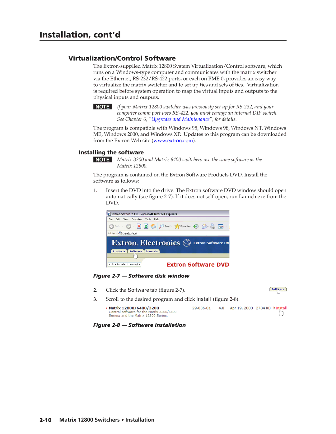 Extron electronic 12800 manual Virtualization/Control Software, Installing the software 