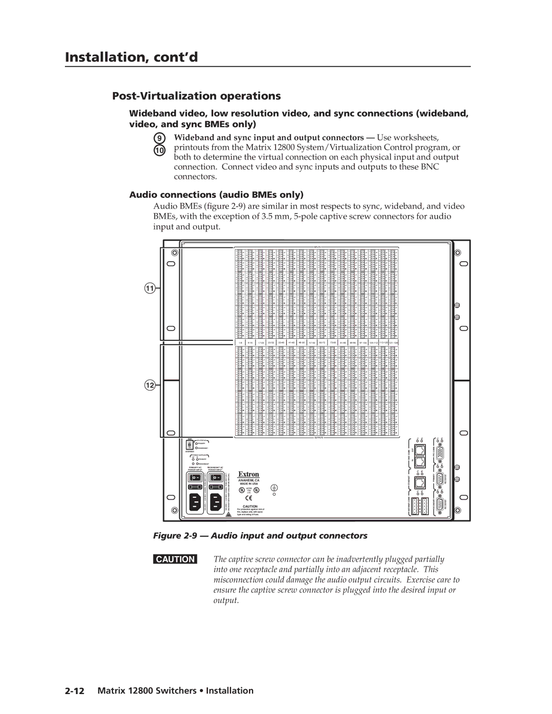 Extron electronic 12800 manual Post-Virtualization operations, Audio connections audio BMEs only 