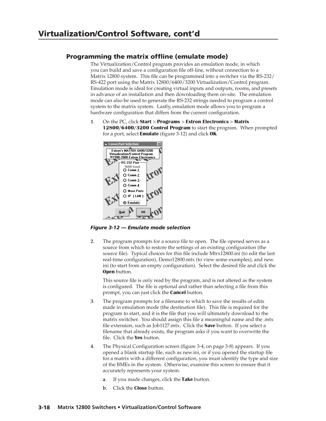 Extron electronic 12800 manual Programmming the matrix offline emulate mode, Emulate mode selection 