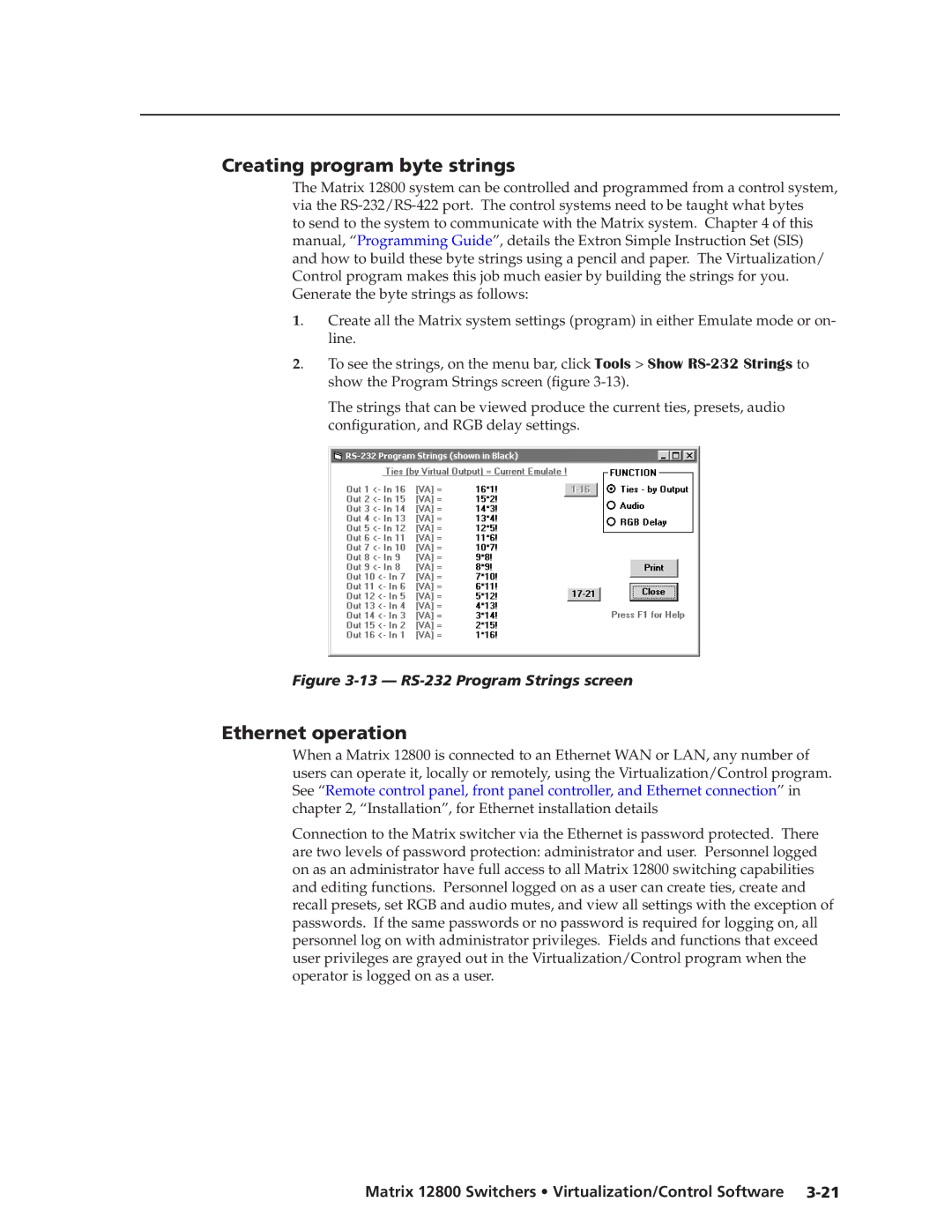 Extron electronic 12800 manual Creating program byte strings, Ethernet operation 