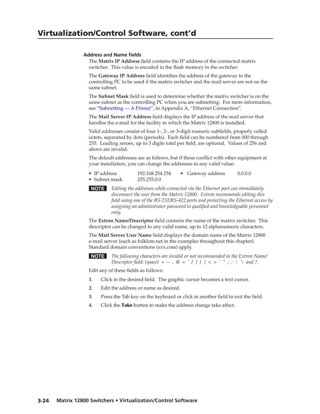 Extron electronic 12800 manual Address and Name fields 