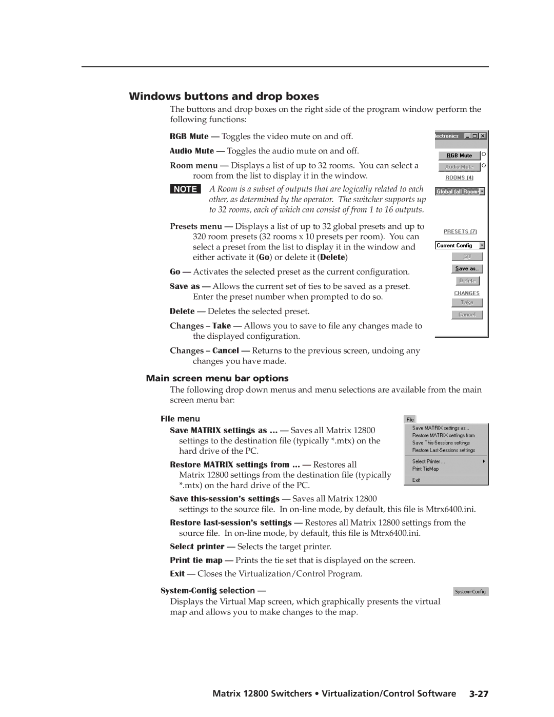 Extron electronic 12800 manual Windows buttons and drop boxes, Main screen menu bar options 
