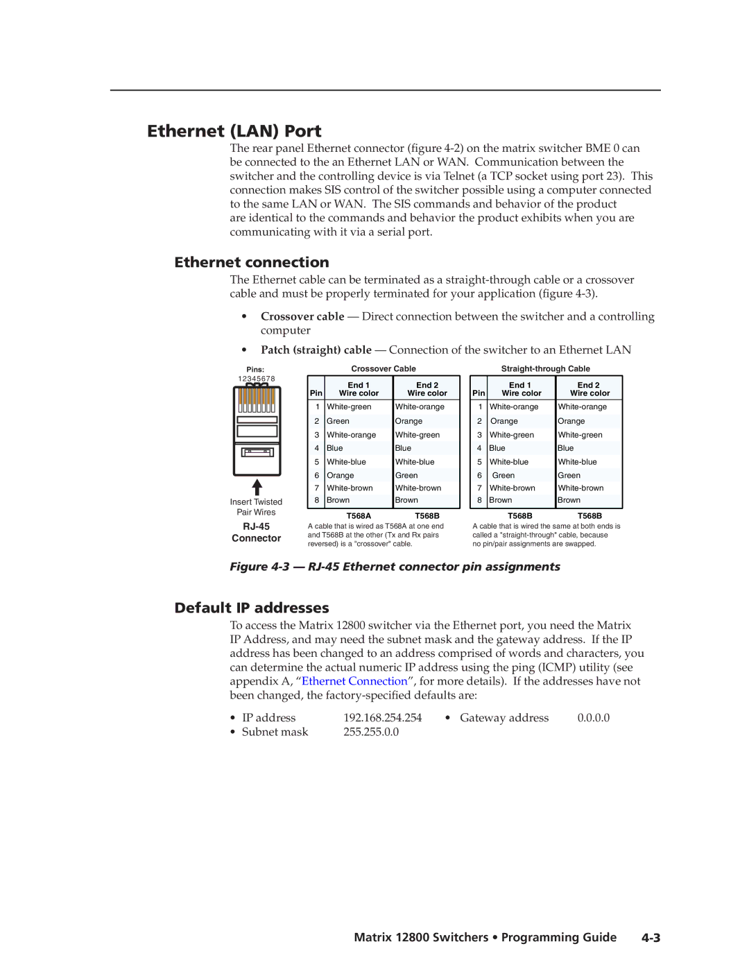 Extron electronic 12800 manual Ethernet LAN Port, Ethernet connection, Default IP addressses 