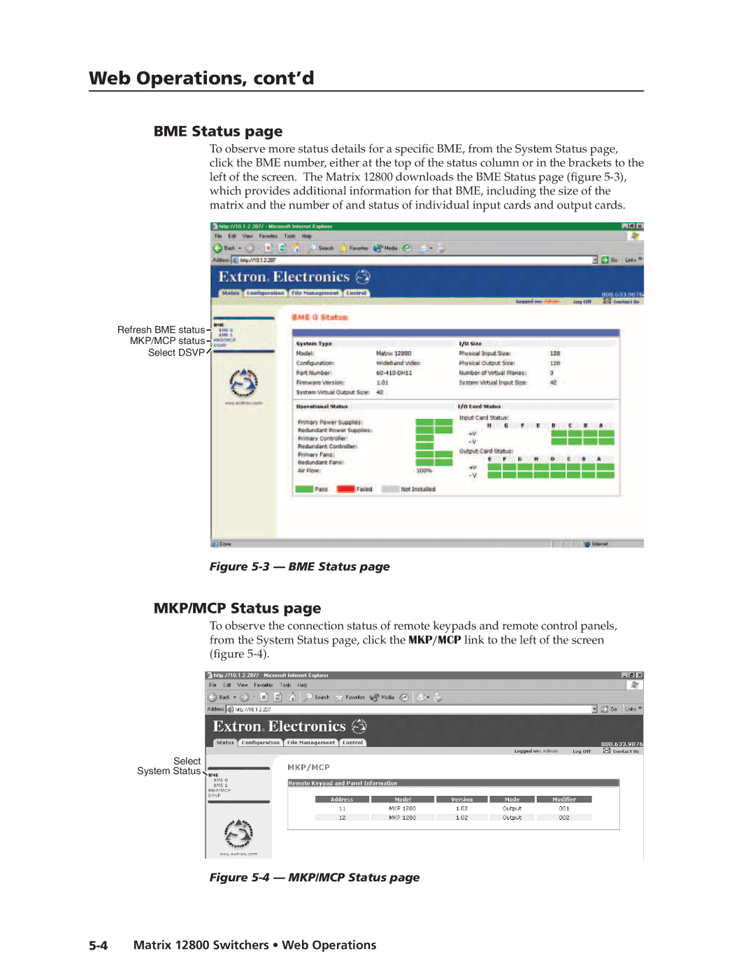 Extron electronic 12800 manual BME Status, MKP/MCP Status 