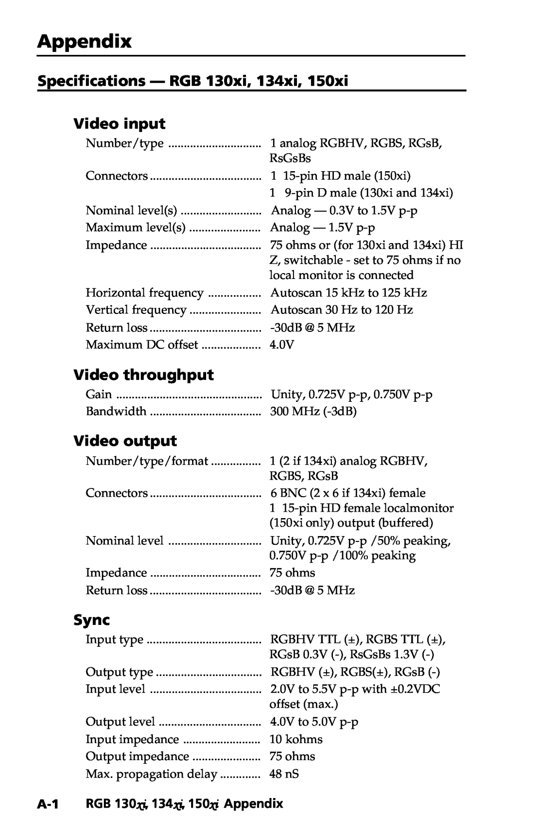 Extron electronic 150xi Appendix, Specifications - RGB 130xi, 134xi Video input, Video throughput, Video output, Sync 