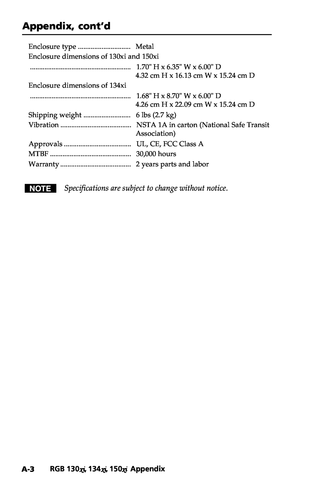 Extron electronic user manual Appendix, cont’d, A-3 RGB 130xi, 134xi, 150xi Appendix 
