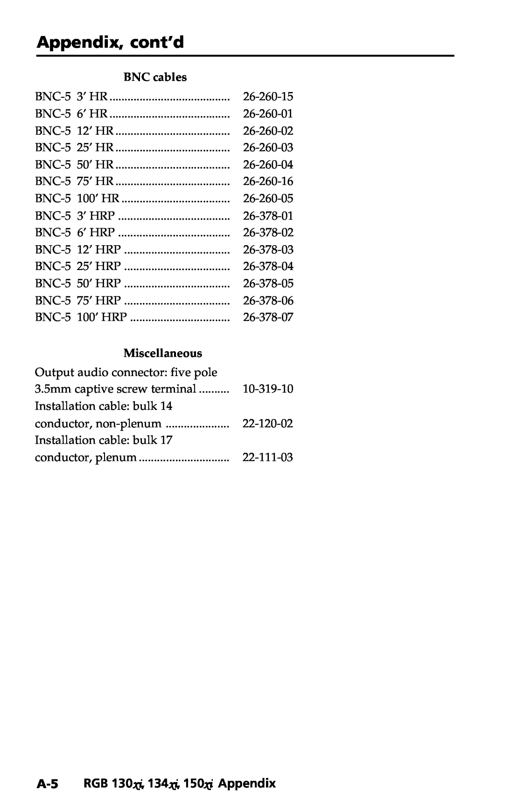 Extron electronic user manual A-5 RGB 130xi, 134xi, 150xi Appendix, Appendix, cont’d, BNC cables, Miscellaneous 