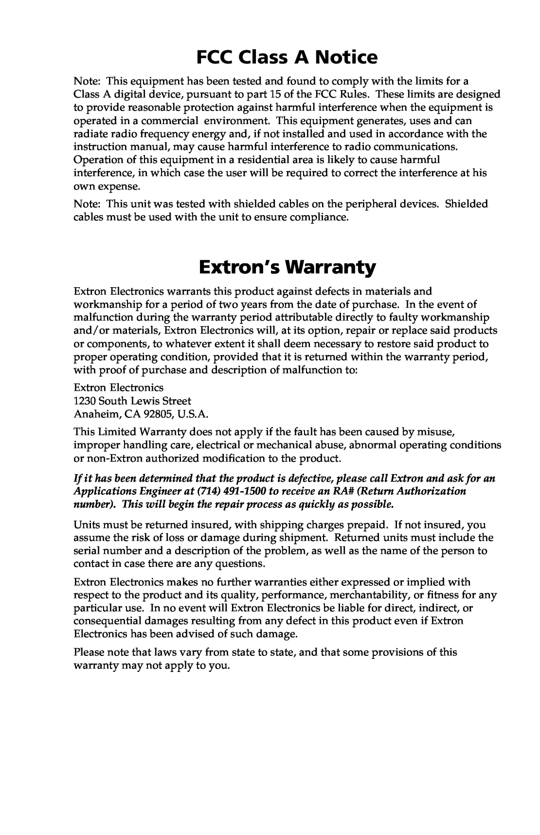 Extron electronic 150xi, 130xi, 134xi user manual FCC Class A Notice, Extron’s Warranty 