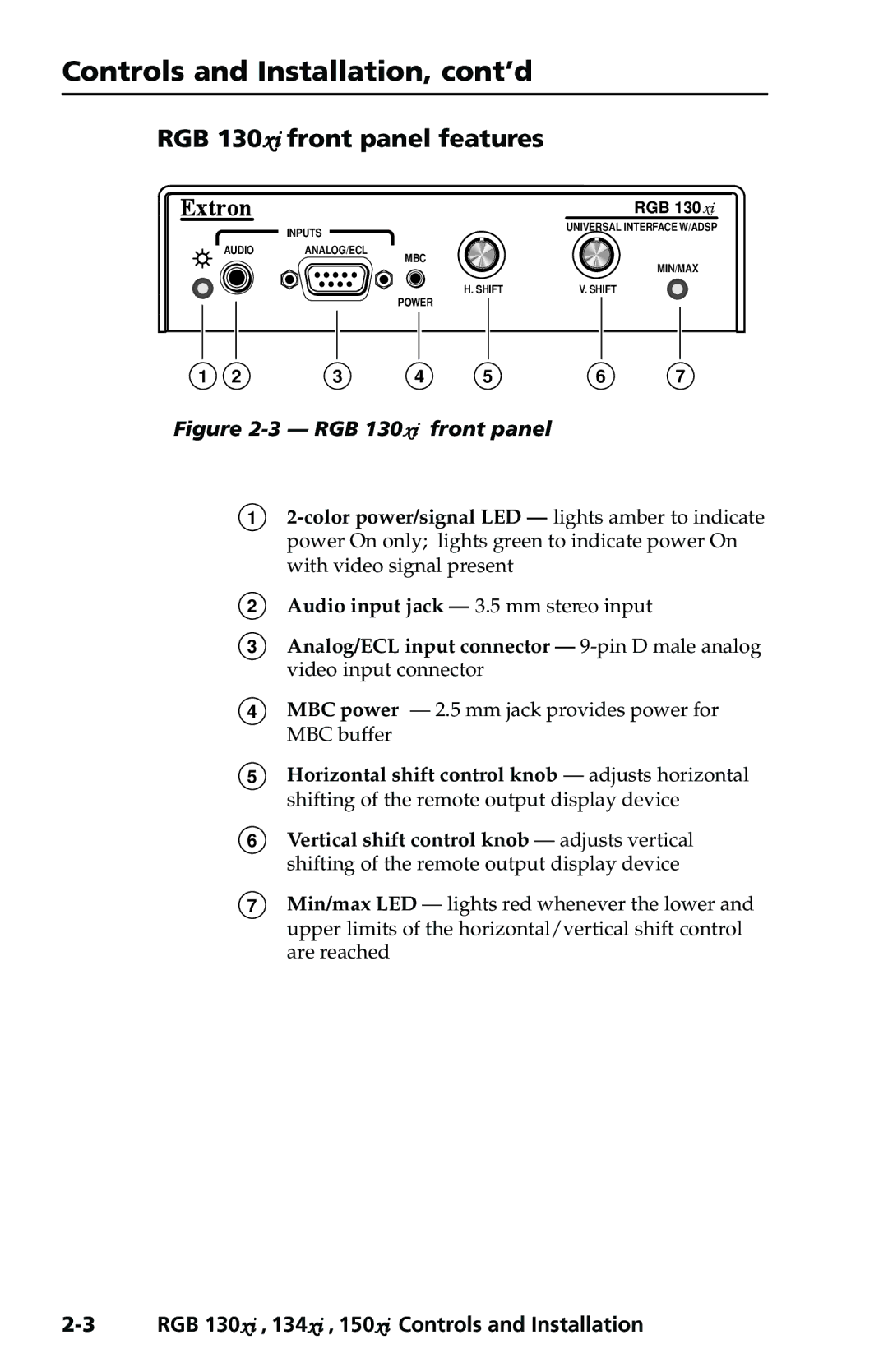 Extron electronic 150xi, 134xi user manual Controls and Installation, cont’d, RGB 130xi front panel features 