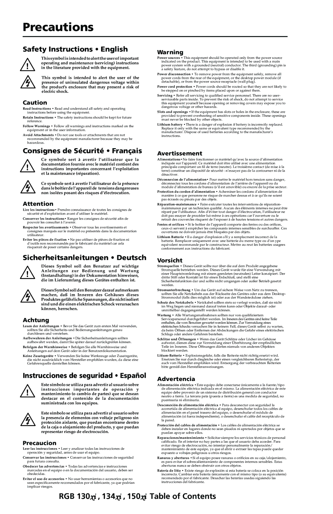 Extron electronic 134xi, 130xi, 150xi user manual Precautions 