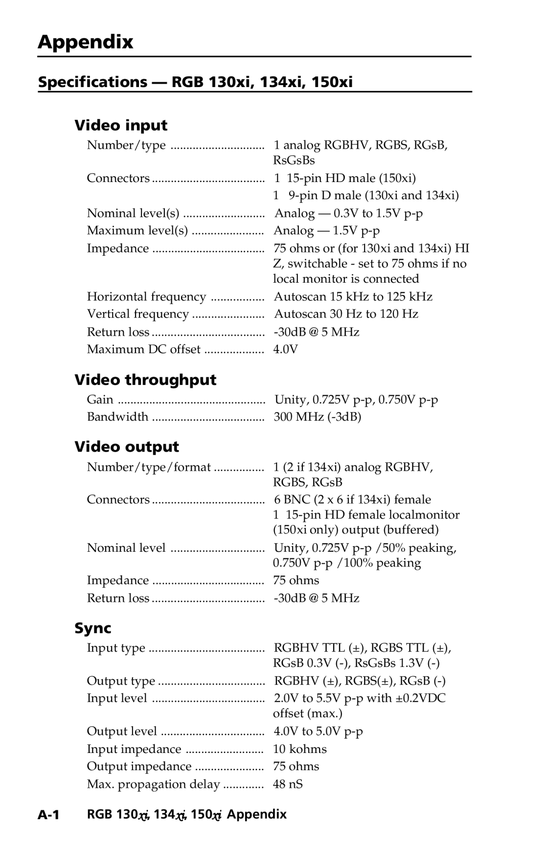 Extron electronic 150xi user manual Specifications RGB 130xi, 134xi Video input, Video throughput, Video output, Sync 