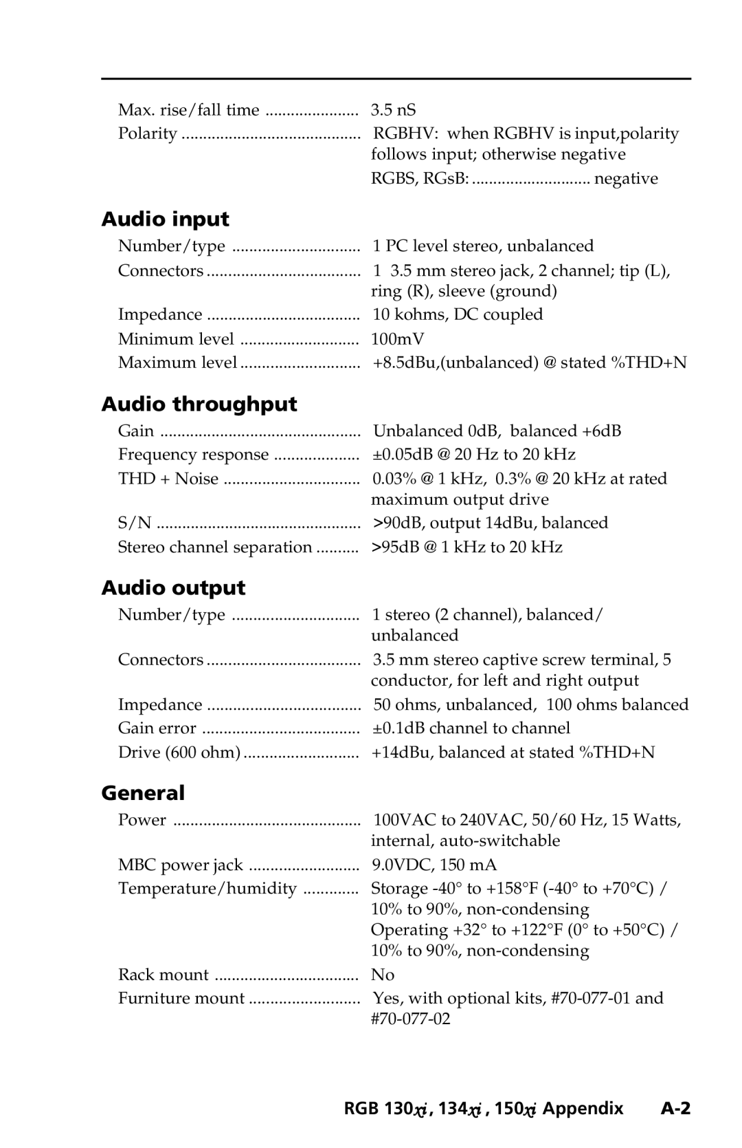 Extron electronic 134xi, 130xi, 150xi user manual Audio input, Audio throughput, Audio output, General 