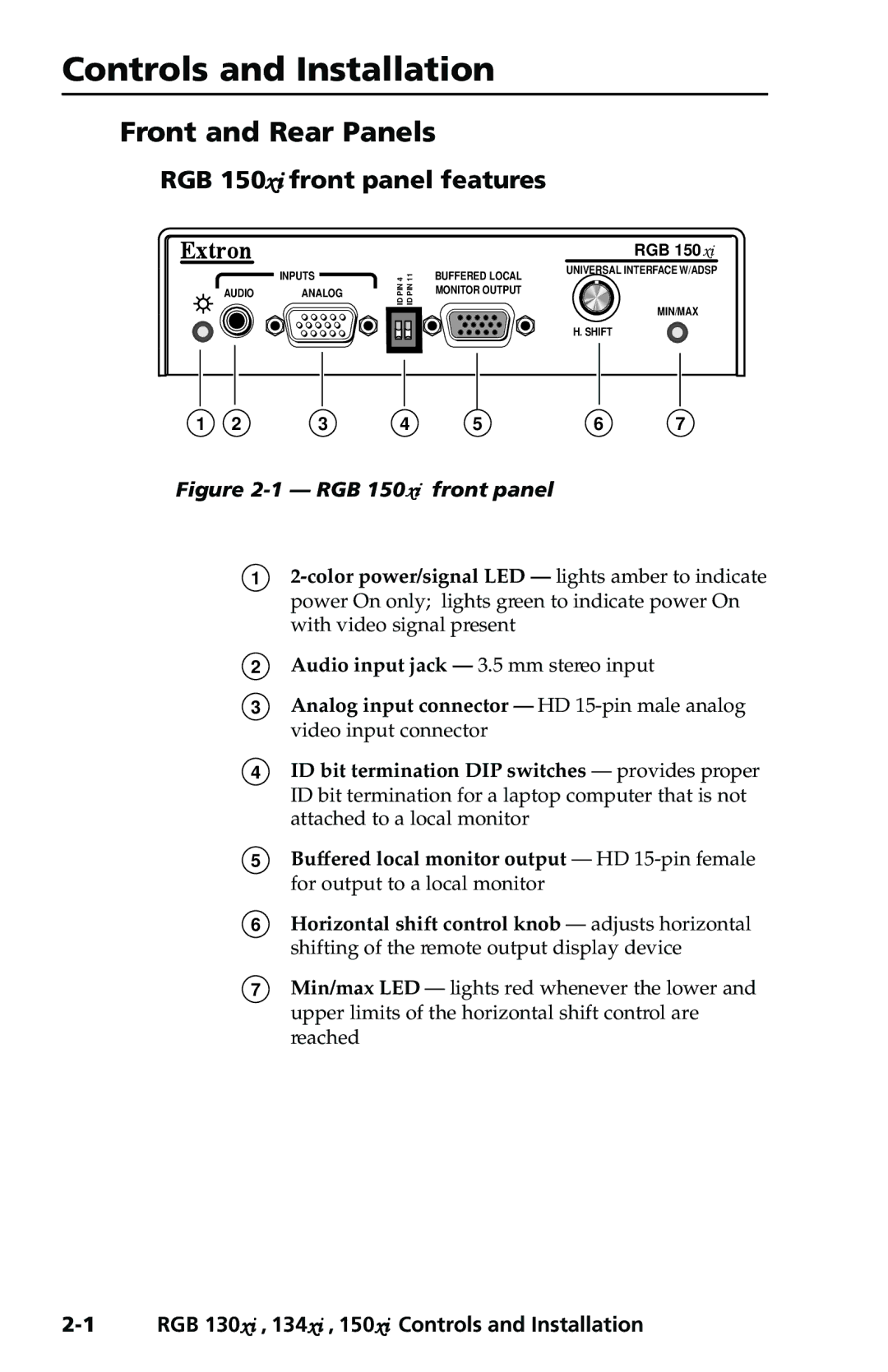 Extron electronic 134xi, 130xi user manual Controls and Installation, RGB 150xi front panel features 