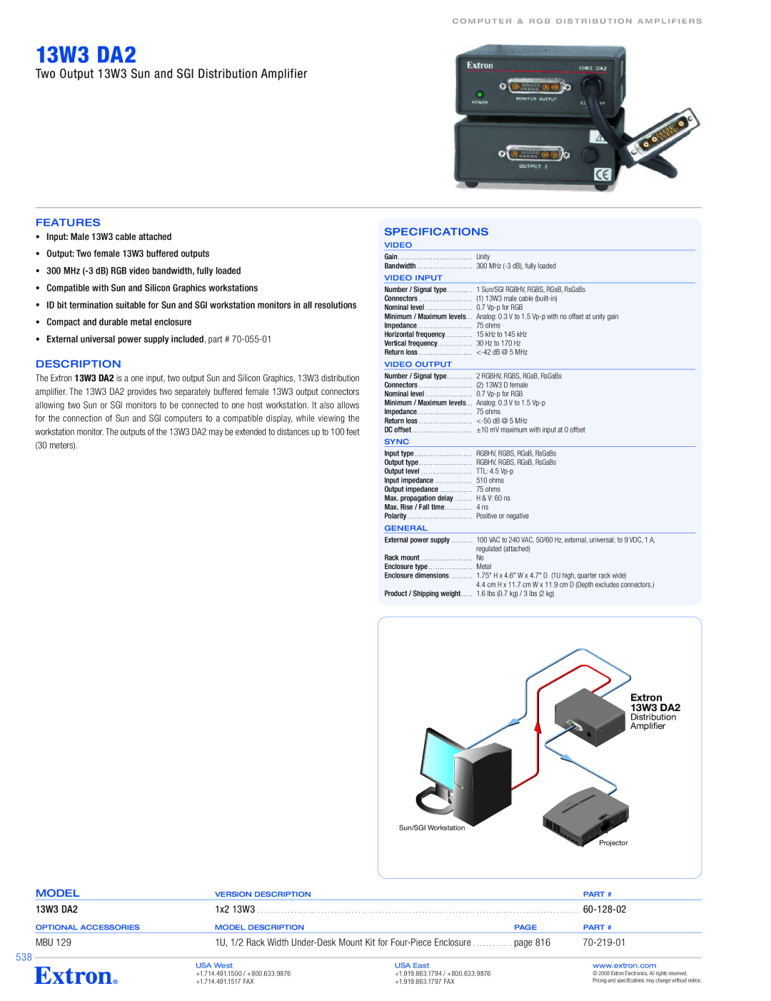 Extron electronic 13W3 DA2 specifications Description, Specifications 