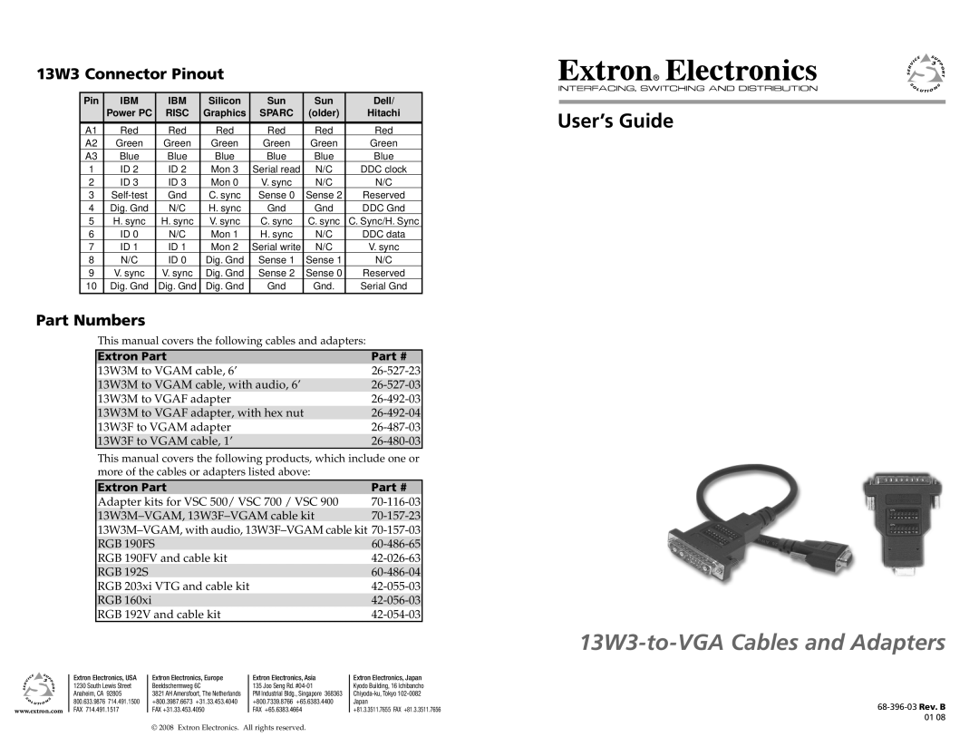 Extron electronic manual 13W3 Connector Pinout, Part Numbers, Extron Part, 13W3-to-VGA Cables and Adapters 