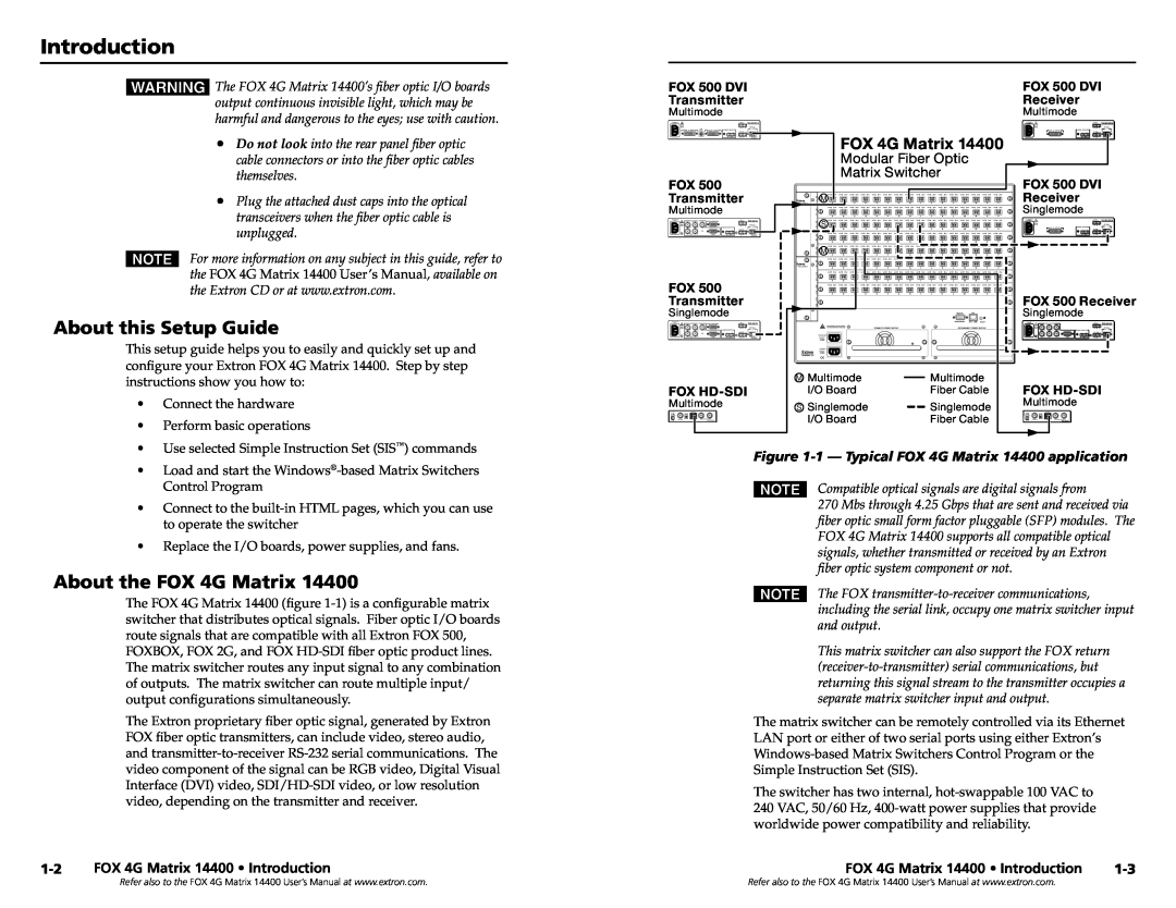 Extron electronic 14400 Introduction, About this Setup Guide, About the FOX 4G Matrix, Modular Fiber Optic Matrix Switcher 