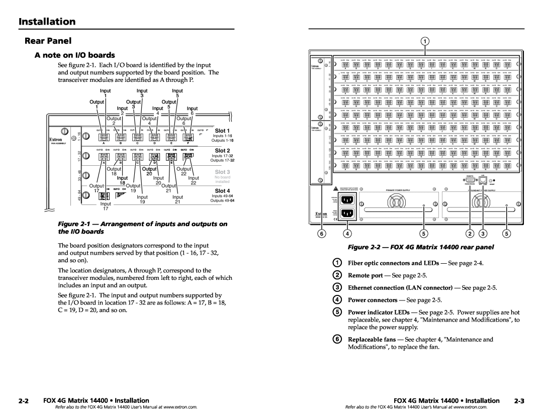 Extron electronic 14400 setup guide Installation, Rear Panel, A note on I/O boards 