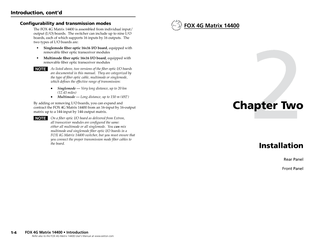 Extron electronic 14400 setup guide Two, Installation, Introduction, cont’d, Configurability and transmission modes 