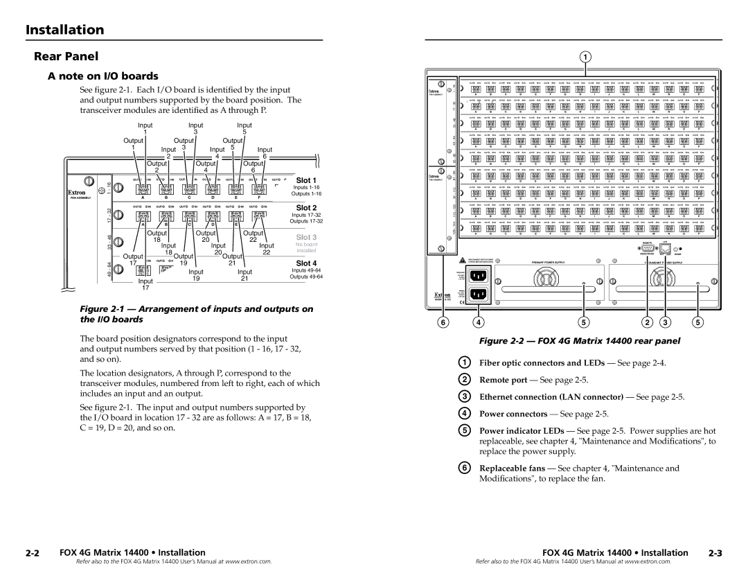 Extron electronic setup guide Rear Panel, FOX 4G Matrix 14400 Installation 