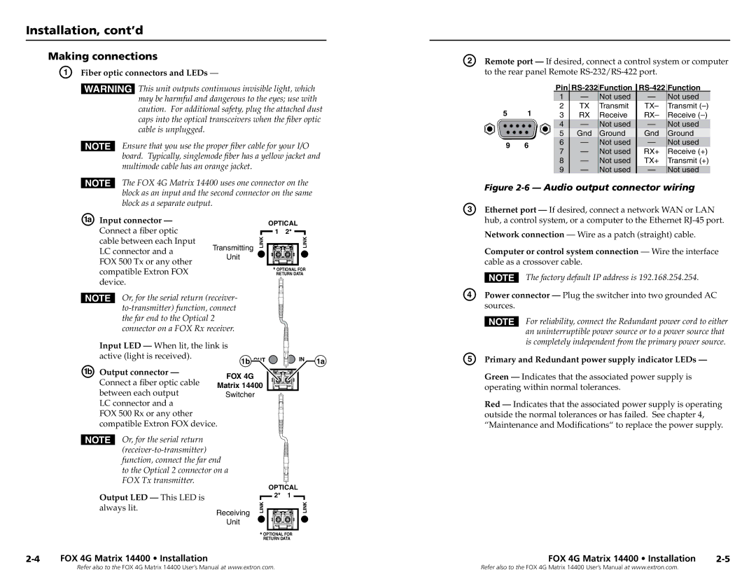 Extron electronic 14400 setup guide Installation, cont’d, Making connections 