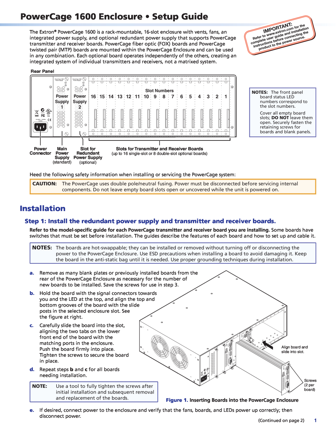 Extron electronic setup guide PowerCage 1600 Enclosure Setup Guide, Power 16 15 14 13 12 11 10 9 8 7 6 5 4 3 2 