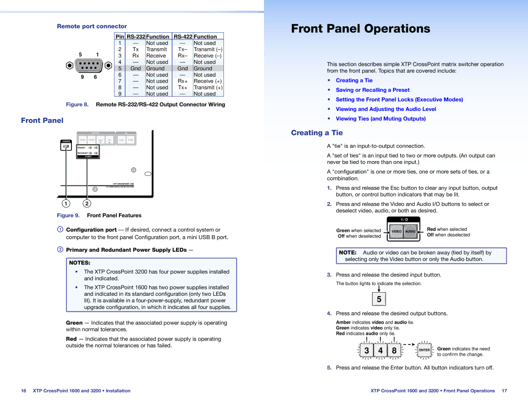 Extron electronic 1600 setup guide Front Panel Operations, Creating a Tie, Pin RS-232 Function RS-422 Function 