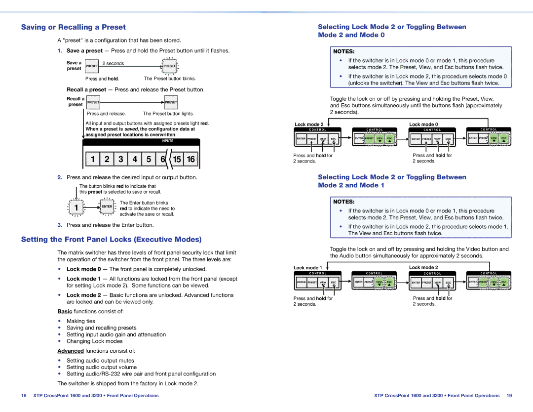 Extron electronic 1600 setup guide Saving or Recalling a Preset, Setting the Front Panel Locks Executive Modes 