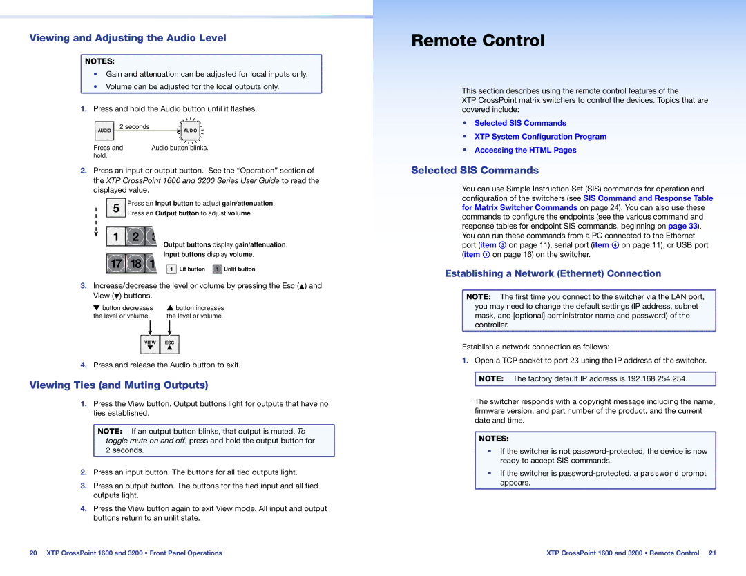 Extron electronic 1600 setup guide Remote Control, Viewing and Adjusting the Audio Level, Viewing Ties and Muting Outputs 